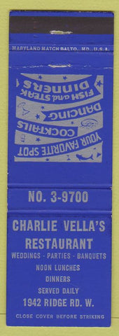 Matchbook Cover - Charlie Vella's Restaurant Rochester? NY'
