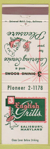 Matchbook Cover - 3 English Grills Salisbury MD