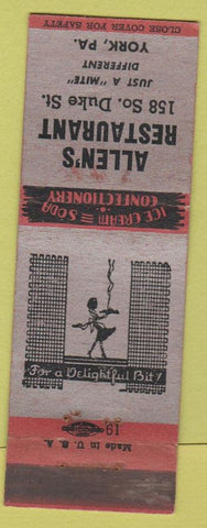 Matchbook Cover - Allen's Restaurant York PA girlie'