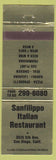 Matchbook Cover - Sanfilippo Italian Restaurant San Diego CA Pizza