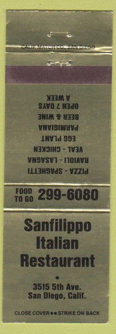 Matchbook Cover - Sanfilippo Italian Restaurant San Diego CA Pizza