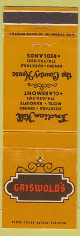 Matchbook Cover - Griswold's Restaurant Claremont Redlands CA'