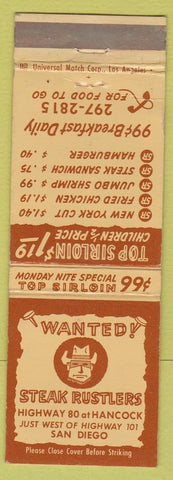 Matchbook Cover - Wanted Steak Rustlers San Diego CA