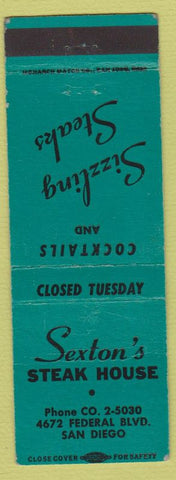 Matchbook Cover - Sexton's Steak House San Diego CA green CREASED'