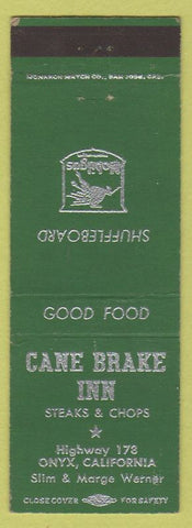 Matchbook Cover - Cane Brake Inn Onyx CA shuffleboard Mobil gas green