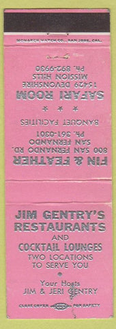Matchbook Cover - Jim Gentry's Restaurants Mission Hills San Fernando CA'