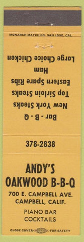 Matchbook Cover - Andy's Oakwood BBQ Campbell CA'