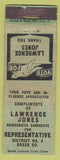 Matchbook Cover - Lawrence Jones Rep Democrat NO TOWN WORN