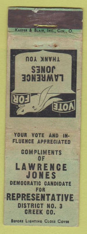 Matchbook Cover - Lawrence Jones Rep Democrat NO TOWN WORN
