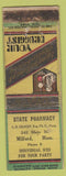 Matchbook Cover - State Pharmacy Drugs Milford MA DQ low phone # WORN