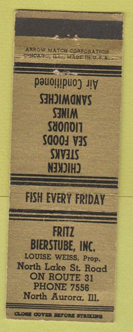 Matchbook Cover - Fritz Bierstrube North Aurora IL Restaurant ARROW