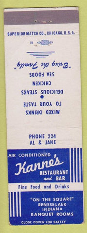 Matchbook Cover - Kanne's Restaurant Bar Rensselaer IN low phone # WEAR'