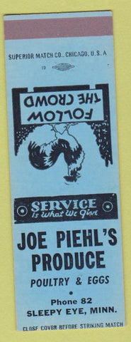 Matchbook Cover - Joe Piehl's Produce Poultry Eggs Sleepy Eye MN low phone #'