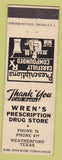 Matchbook Cover - Wren's Drugs Weatherford TX low phone #'