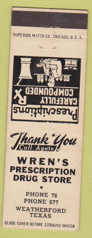 Matchbook Cover - Wren's Drugs Weatherford TX low phone #'