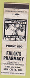 Matchbook Cover - Falck's Drugs New Castle IN Low phone # WORN'