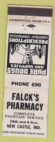 Matchbook Cover - Falck's Drugs New Castle IN Low phone # WORN'