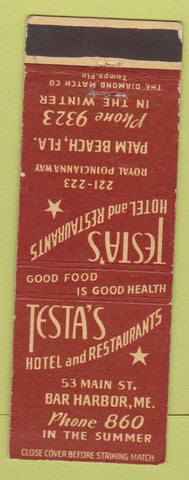 Matchbook Cover - Testa's Hotel rEstaurant Palm Beach FL Low Phone #'