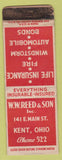 Matchbook Cover - WW Reed Insurance Kent OH Low Phone # WEAR