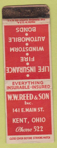 Matchbook Cover - WW Reed Insurance Kent OH Low Phone # WEAR