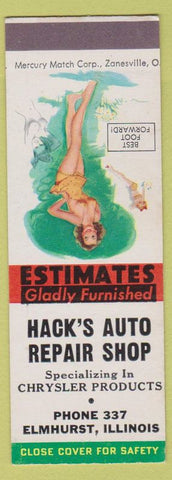 Matchbook Cover Hack's Auto Repair Elmhurst IL Chrystler pinup SAMPLE low phone