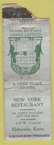 Matchbook Cover - New York Restaurant Eldorado KS POOR STRIKER