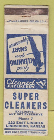Matchbook Cover - Super Cleaners Lindsborg KS WORN low phone #