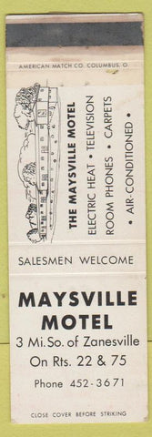 Matchbook Cover - Maysville Motel Zanesville OH WORN TAPED