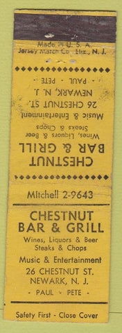 Matchbook Cover - Chestnut Bar Grill Newark NJ Safety First Jersey Match WEAR