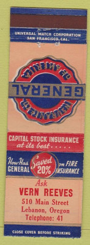Matchbook Cover - General Insurance of American Vern Reeves Lebanon OR low phone