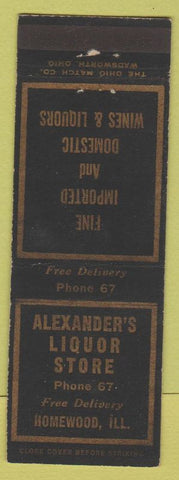 Matchbook Cover - Alexander's Liquor Store Homewood IL low phone #