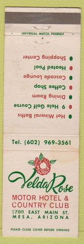 Matchbook Cover - Velda Rose Motor Hotel Country Club Mesa AZ
