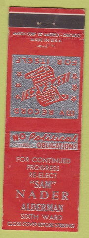 Matchbook Cover - Election Sam Nader Alderman Chicago? WORN