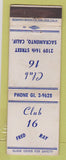 Matchbook Cover - Club 16 Sacramento CA