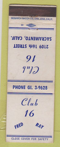 Matchbook Cover - Club 16 Sacramento CA