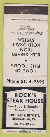 Matchbook Cover - Rock's Steak House Bloomsburg PA'