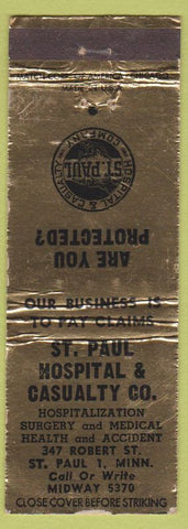 Matchbook Cover - ST Paul Hospital Insurance St Paul MN WORN