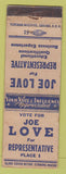 Matchbook Cover - Joe Love Rep election WEAR
