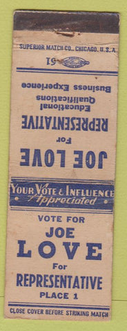 Matchbook Cover - Joe Love Rep election WEAR