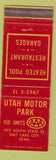 Matchbook Cover - Utah Motor Park Salt Lake City UT