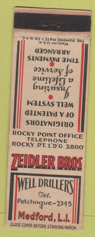 Matchbook Cover - Zeidler Bros Well Drillers Medford LI