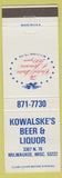Matchbook Cover - Kowalske's Beer Liquor Milwaukee WI