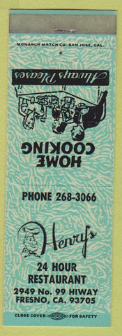 Matchbook Cover - Henry's Restaurant Fresno CA teal filagree