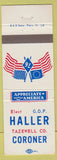 Matchbook Cover - Haller Coroner Tazewell County Republican election