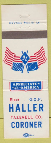 Matchbook Cover - Haller Coroner Tazewell County Republican election