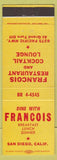 Matchbook Cover - Francois Restaurant San Diego cA