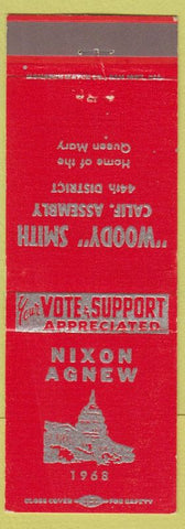 Matchbook Cover - Richard Nixon Agnew President Woody Smith Long Beach CA red