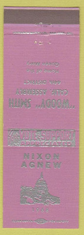 Matchbook Cover - Richard Nixon Agnew President Woody Smith Long Beach CA purple