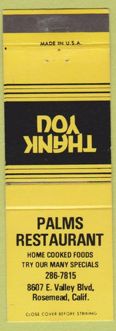 Matchbook Cover - Palms Restaurant Rosemead CA yellow