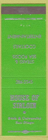 Matchbook Cover - House of Sirloin San Diego CA green